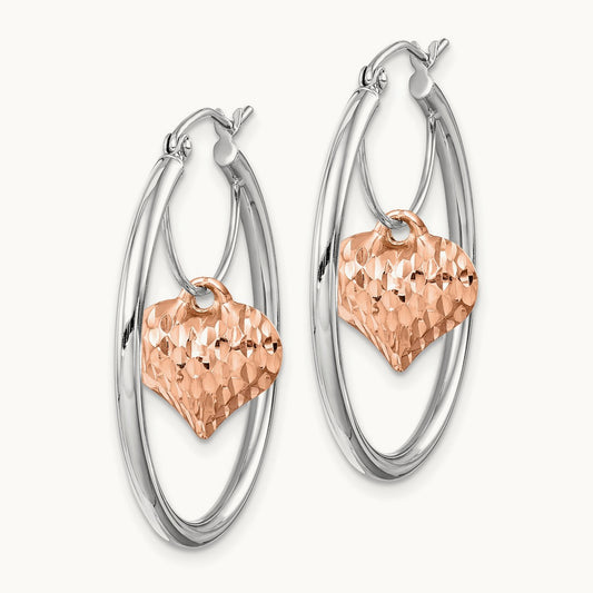 D/C Heart Dangle Hoop Earrings, 14K Two-tone Rose with White