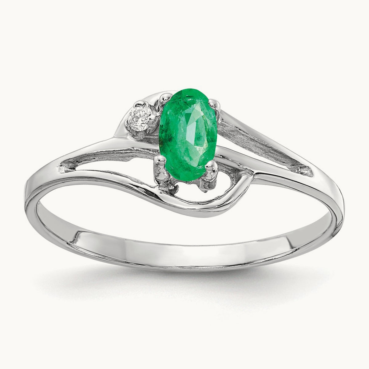 5x3mm Oval Emerald AA Diamond ring, 14K White Gold