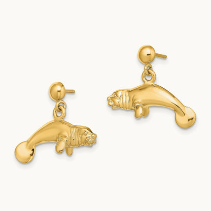 3-D Polished Manatee Dangle Earrings, 14K