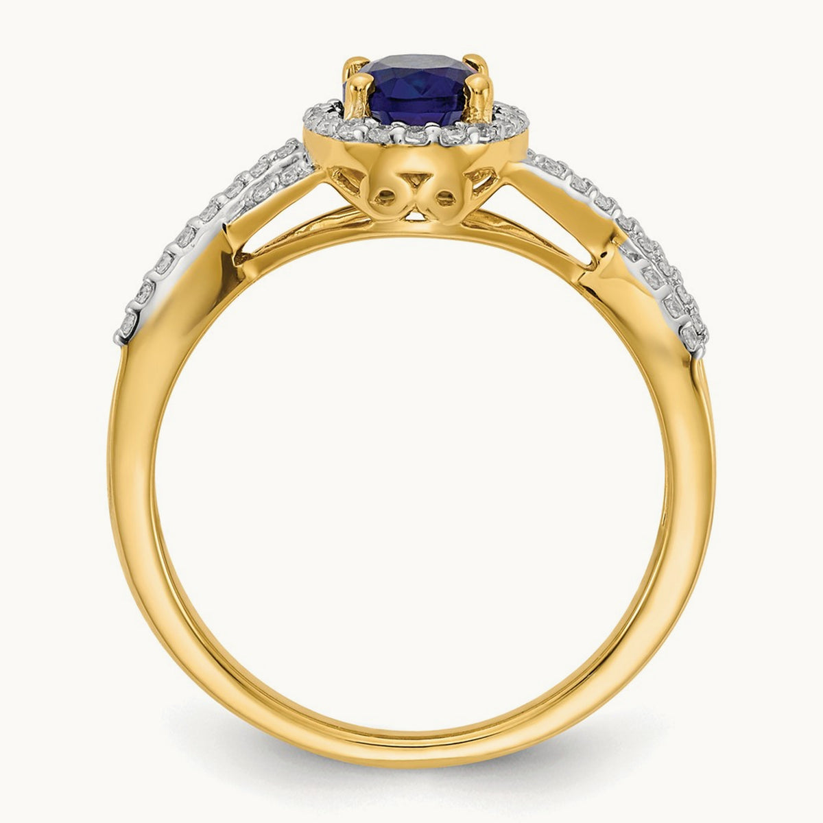 Created Blue Sapphire Oval Halo Ring, 0.20 ct tw Lab-Grown Diamond — 14K Yellow Gold