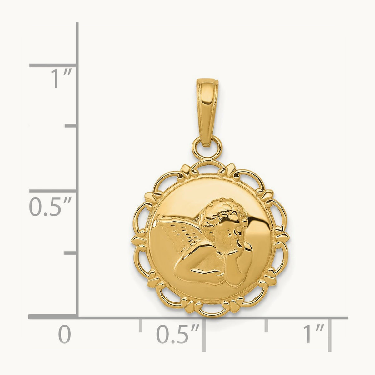 Polished Angel On Round Scallop Frame Pendant — 14K Yellow Gold