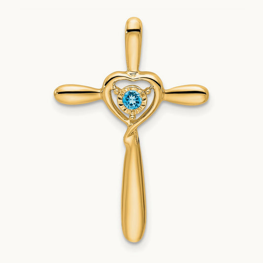 Blue Topaz Cross w/Heart Chain Slide, 14K