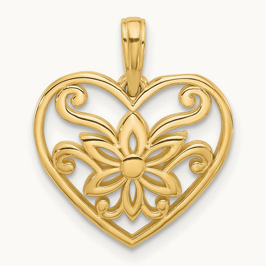 Polished Fancy Flower and Heart Charm, 14K