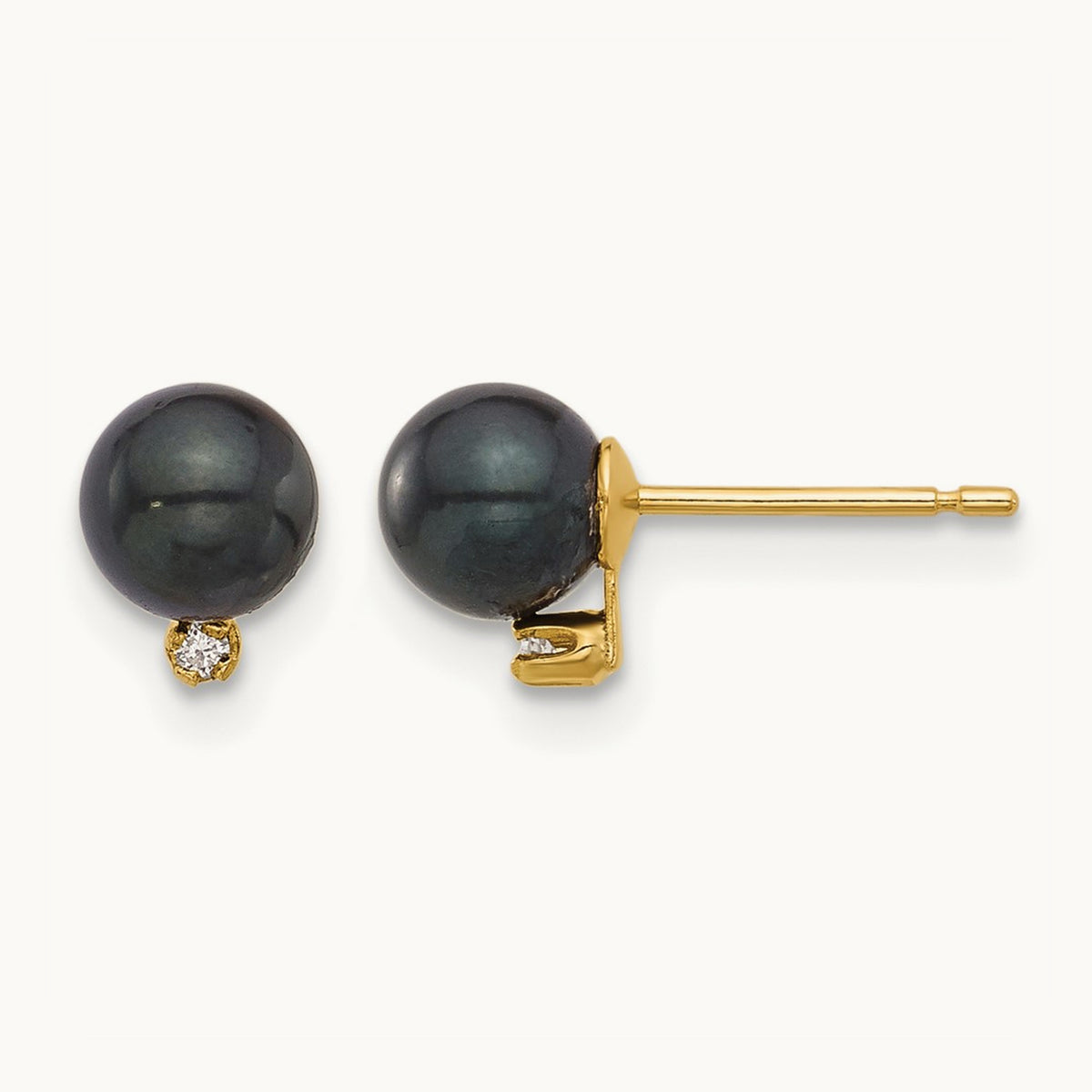 5- Round Blk Saltwater Akoya Pearl and .02ct Diamond Earrings, 6mm, 14K