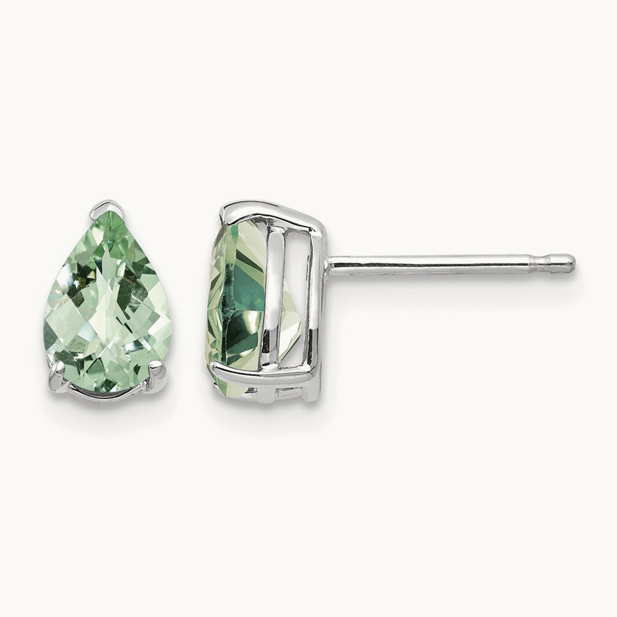 7x5 Pear Checker-Cut Green Quartz Earrings, 14K White Gold