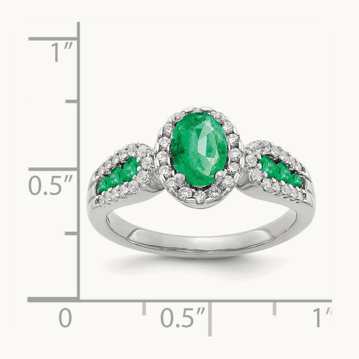 Diamond and Oval Emerald Ring — 14K White Gold