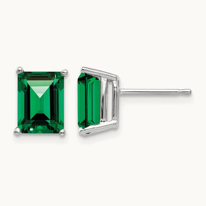 Mount St. Helens 8x6 Emerald Stud Earrings, 14K White Gold