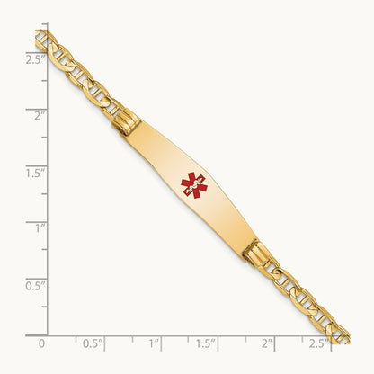 Medical Soft Diamond Shape Red Enamel Anchor Link ID Bracelet, 14K