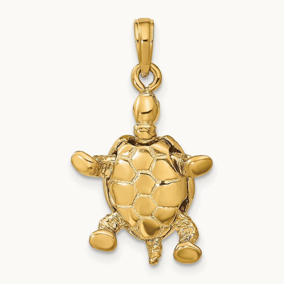 Solid Polished 3-D Moveable Turtle Pendant — 14K Yellow Gold, 25mm