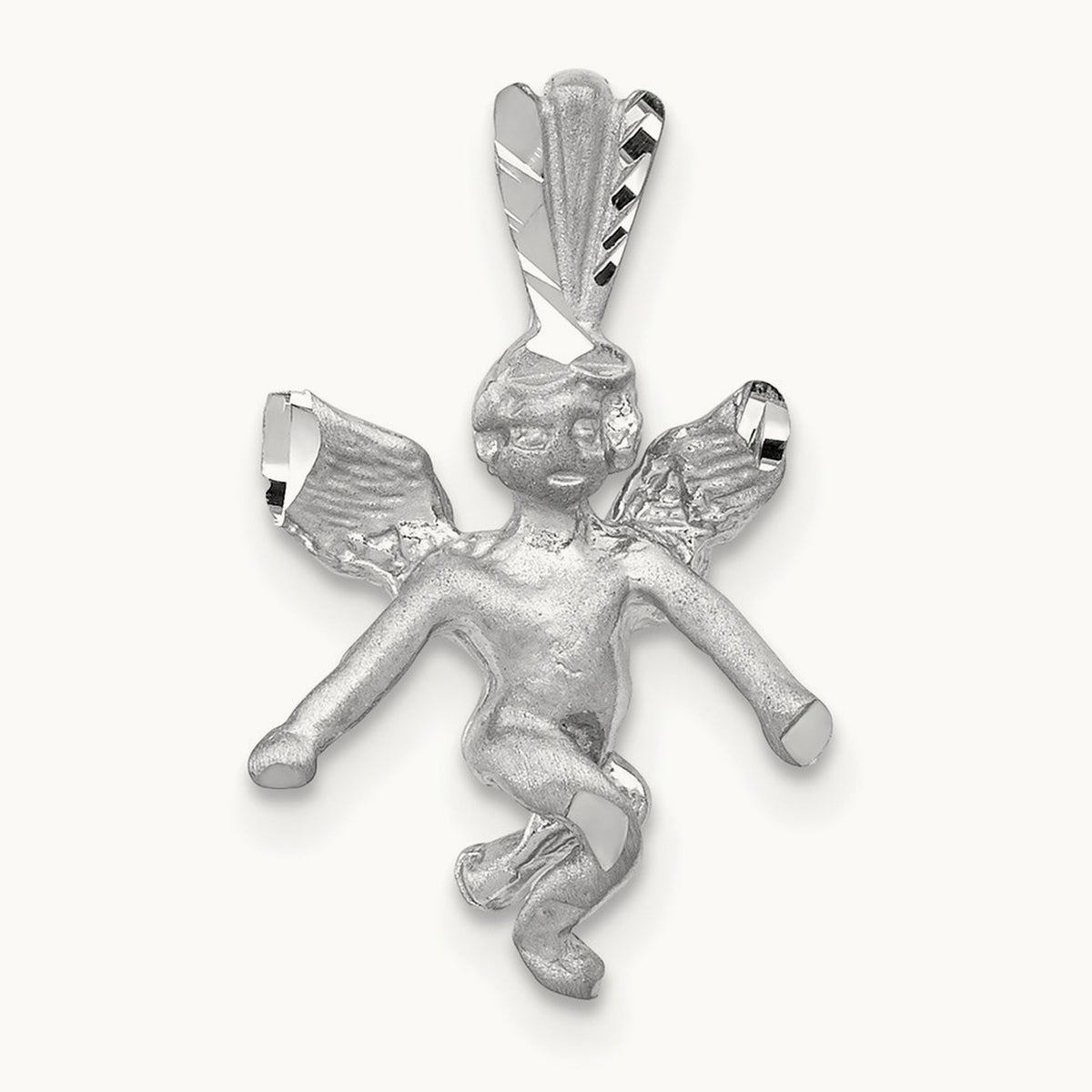 3D White Gold Satin Angel Pendant, 14K