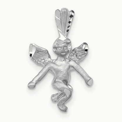 3D White Gold Satin Angel Pendant, 14K