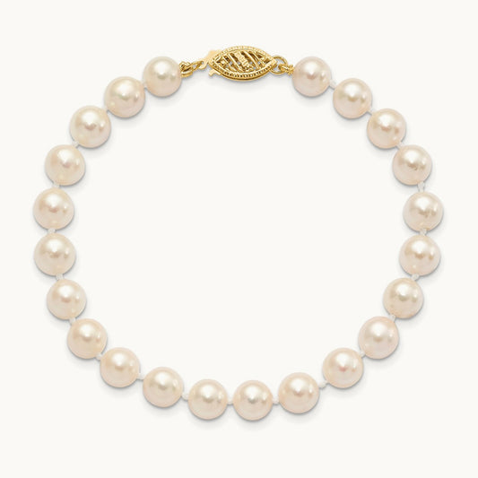 6- Round White Saltwater Akoya Cultured Pearl Bracelet, 7mm, 14K