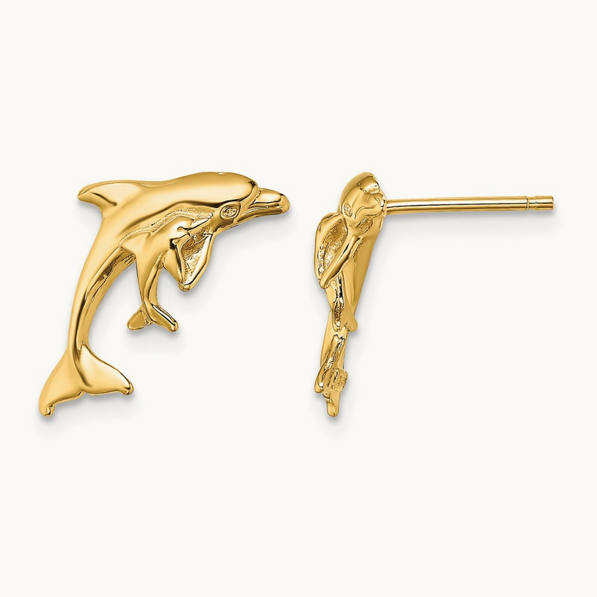 Polished Dolphin and Baby Post Earrings, 14K