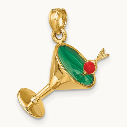 3-D Green Enamel Martini w/Cherry Charm, 14K