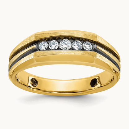 w/ Blk RH IBGoodman Men's Satin & Grooved Diamond 5-Stone Ring, 14K