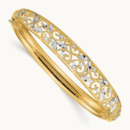 w/White Rhodium Diamond-cut Graduated Hinged Bangle Bracelet, 14K