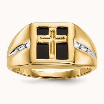 Onyx and Diamond Cross Mens Ring, 14K