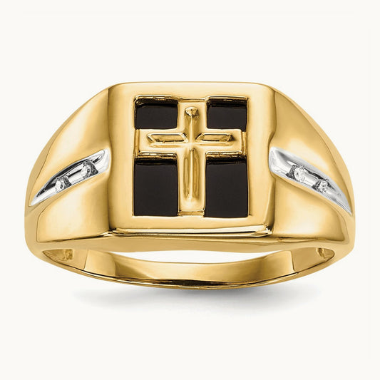 Onyx and Diamond Cross Mens Ring, 14K