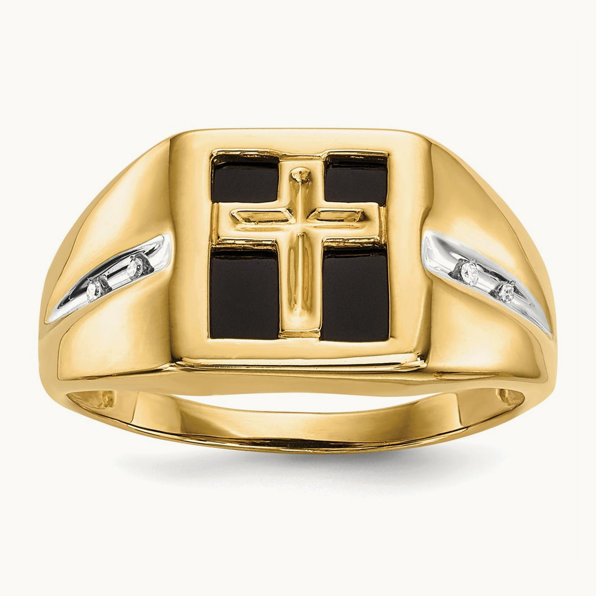 Onyx and Diamond Cross Mens Ring, 14K