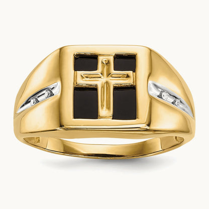 Onyx and Diamond Cross Mens Ring, 14K