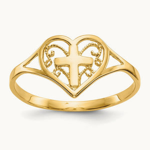 Polished Heart w/ Cross Ring, 14K