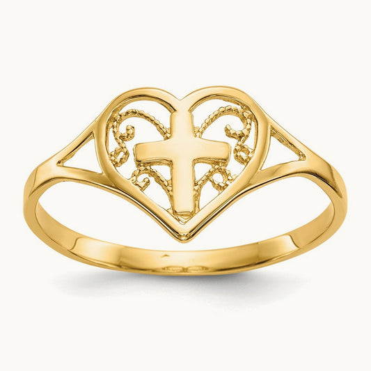 Polished Heart w/ Cross Ring, 14K