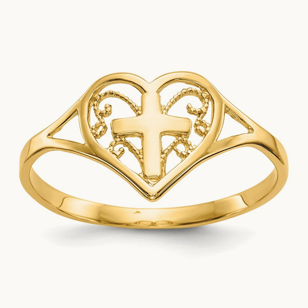 Polished Heart w/ Cross Ring, 14K