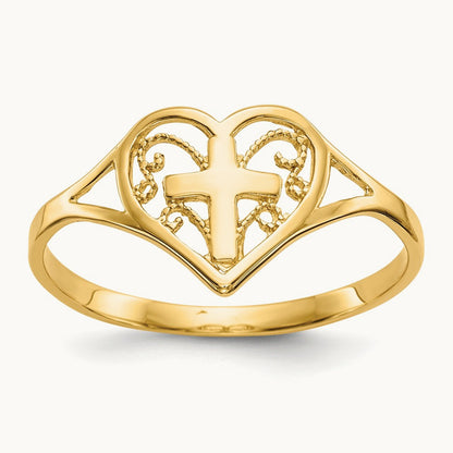 Polished Heart w/ Cross Ring, 14K