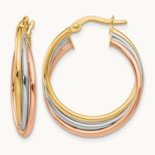 Tri-color Polished and Textured Twisted Hoop Earrings — 10K Tri-Tone Gold
