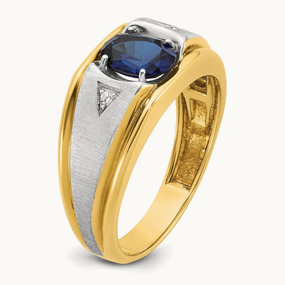 14ktt IBGoodman Men's Satin Lab Created Sapphire & AA Diamond Ring