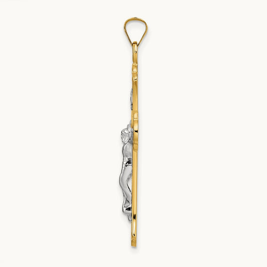Polished Solid INRI Fleur de Lis Crucifix Pendant, 14K Two-tone