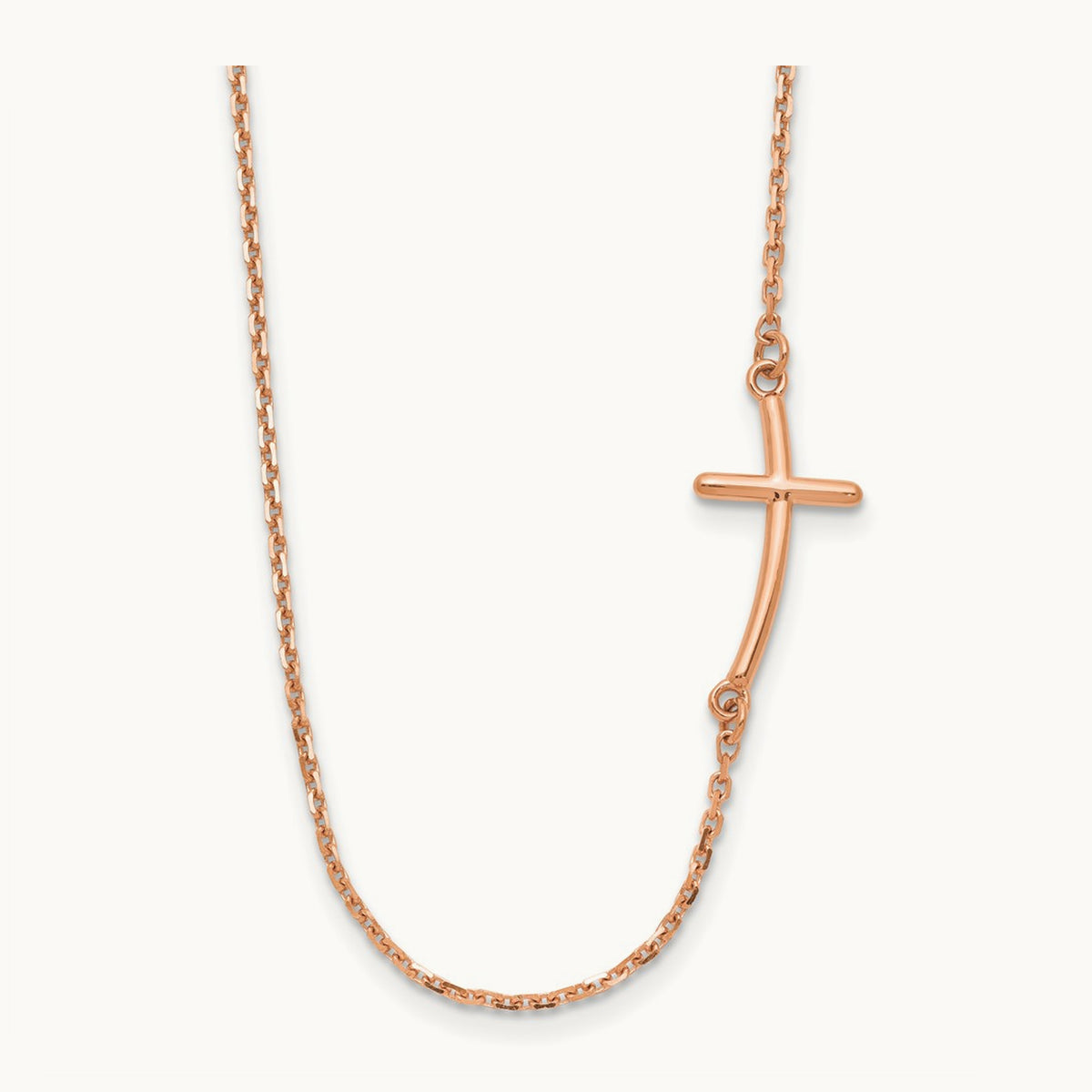 Small Sideways Curved Cross Necklace — 14K Rose Gold