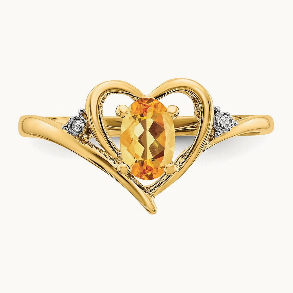 Citrine and Diamond Heart Ring — 14K Yellow Gold, 7