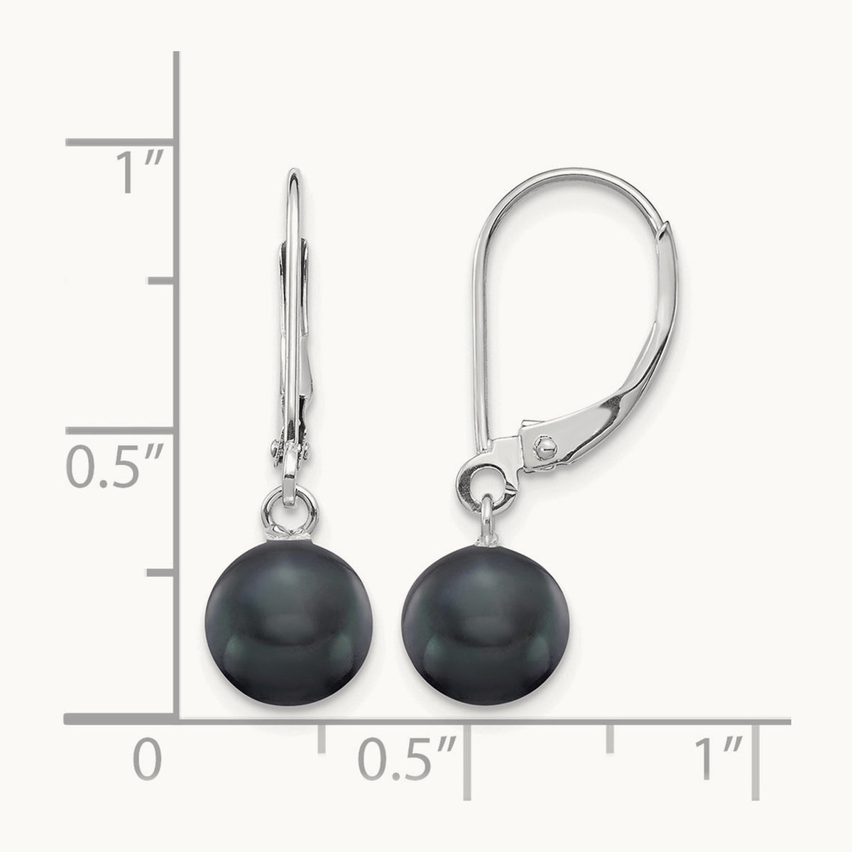 7- Black Round FWC Pearl Leverback Earrings, 8mm, 14K White Gold