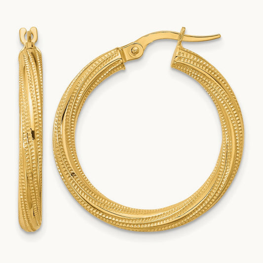 Polished and Textured Twisted Tube Hoop Earrings — 25mm