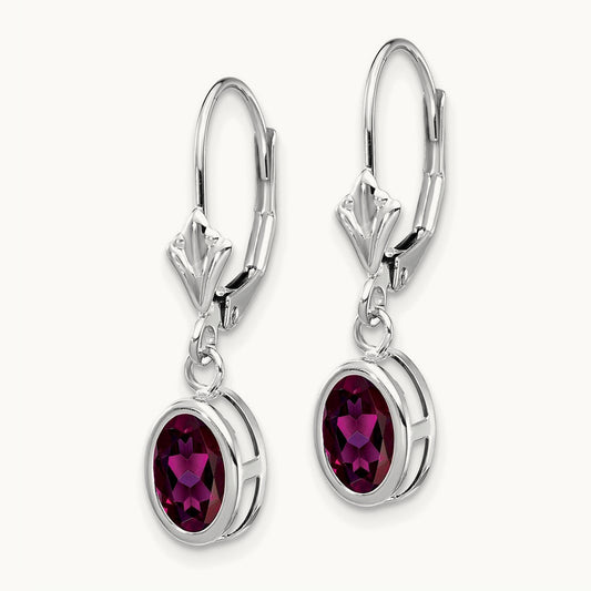 Rhodolite Garnet Oval Leverback Earrings, 14K White Gold