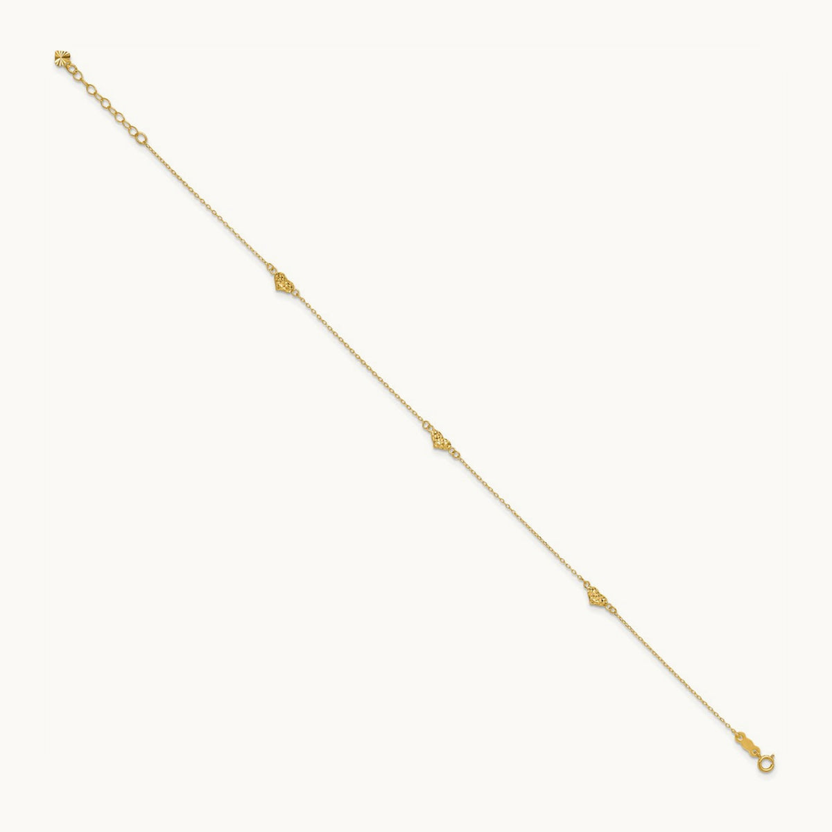 Polished Diamond-cut Triple Puffed Hearts 10in Plus 1in. Ext. Anklet, 14K