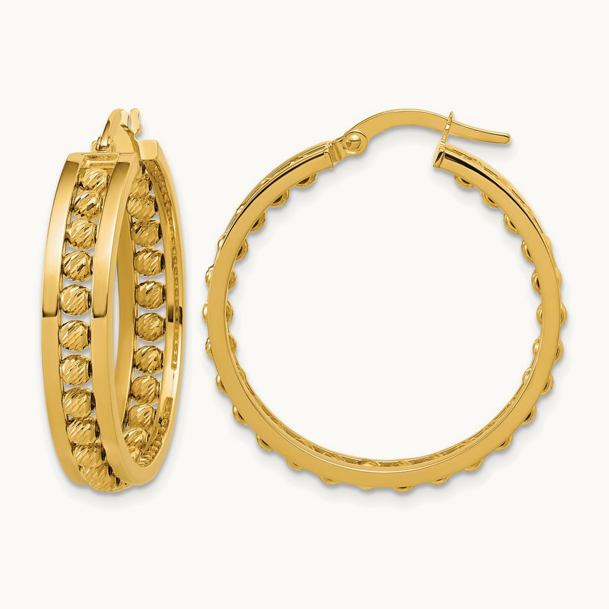 Polished and Diamond-cut Beaded Tube Hoop Earrings — 29.5mm
