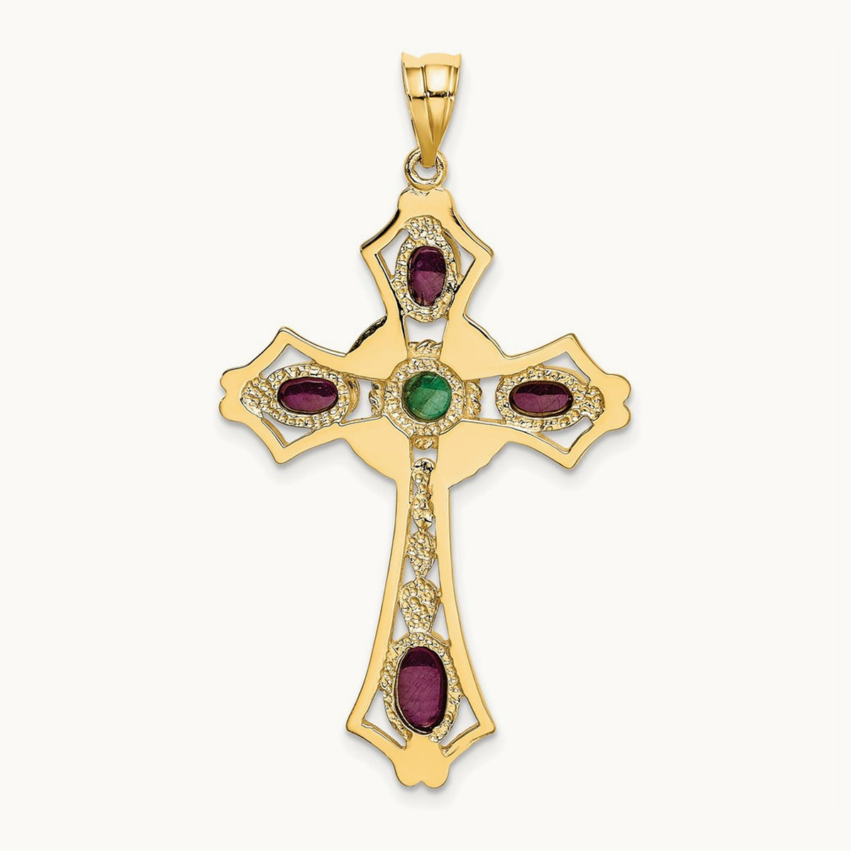 Ruby and Emerald Cabochon Cross Pendant, 14K