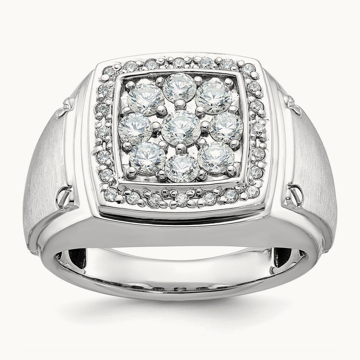 Men's Polished & Satin Diamond Square Cluster Ring — 14K White Gold