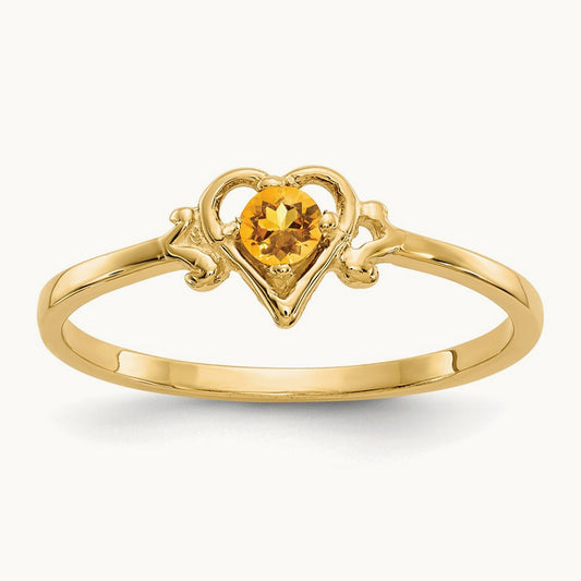 Citrine Birthstone Heart Ring — 14K Yellow Gold, 7