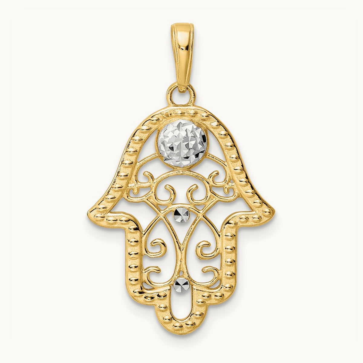 & White Rhodium D/C Evil Eye Filigree Hamsa Pendant, 14K