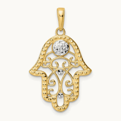 & White Rhodium D/C Evil Eye Filigree Hamsa Pendant, 14K