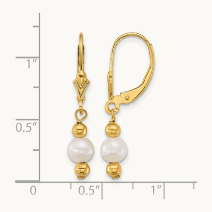 5- Round White Freshwater Cultured Pearl Dangle Earrings, 6mm, 14K