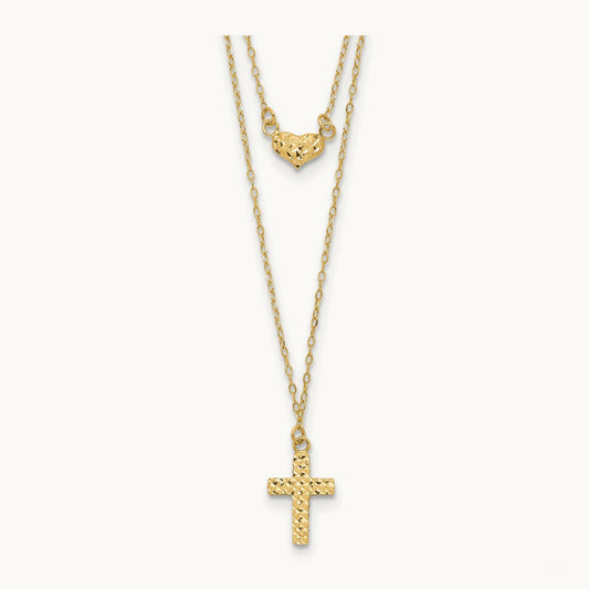 Polished 2-Strand D/C Cross & Heart w/2in. Ext. Necklace, 14K