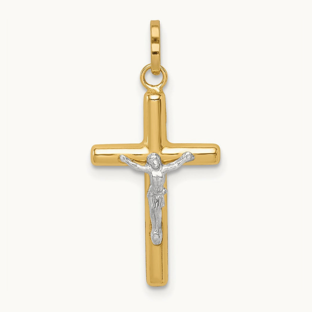 Polished Hollow Crucifix Charm, 14K with White Rhodium