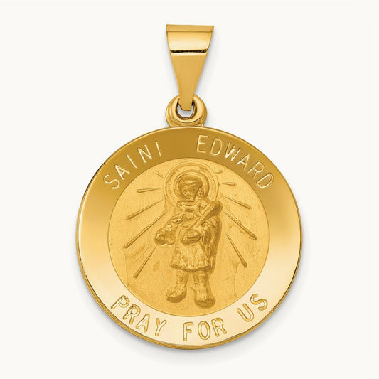 Polished and Satin St Edward Medal Hollow Pendant, 14K