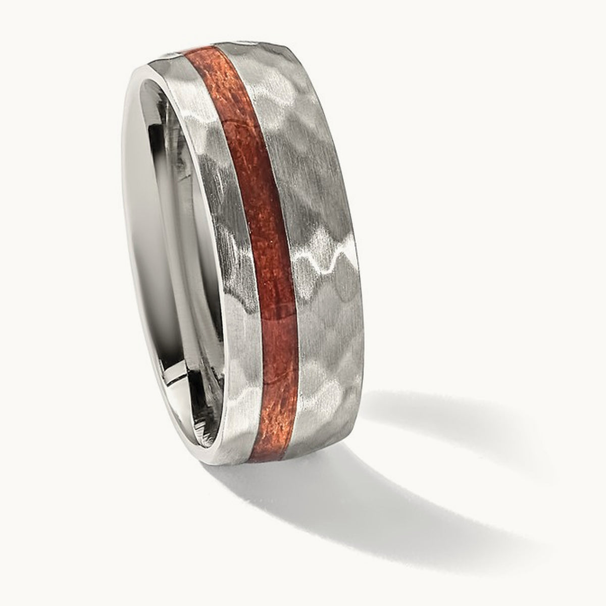 Brushed and Hammered with Wood Inlay Band, 8mm, Stainless Steel
