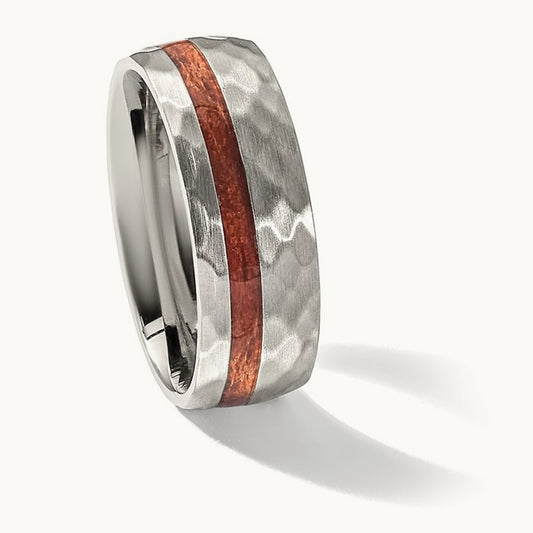 Brushed and Hammered with Wood Inlay Band, 8mm, Stainless Steel