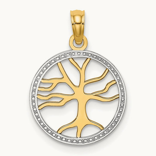 w/Rhodium Tree of Life in Round Frame Charm, 14K